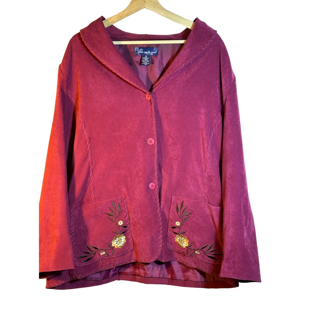 Susan Graver Style Womens 1X Plum Embroidered Suede Like‎ Jacket Blazer Boho Art